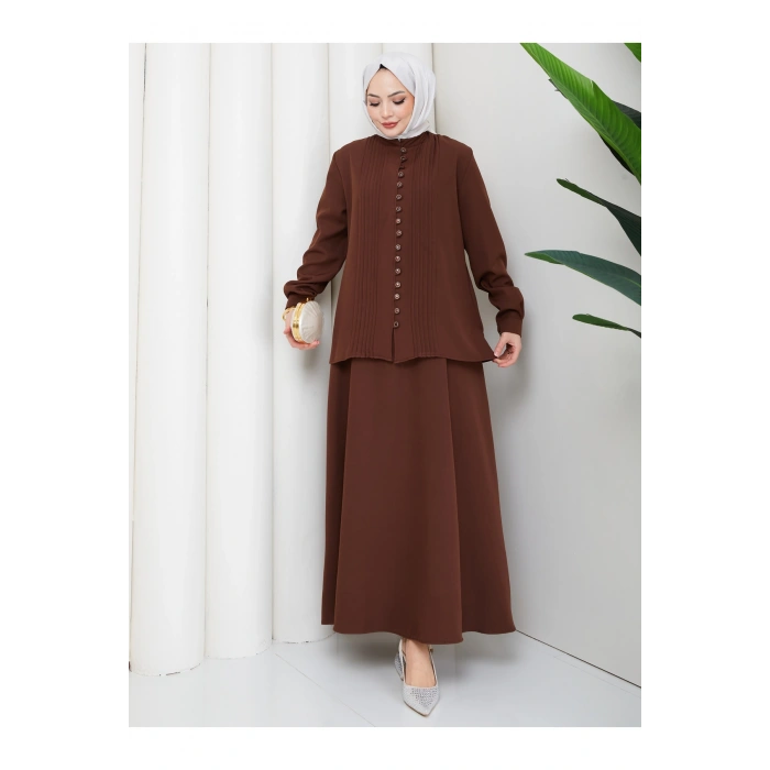 KADIN BRİT DÜĞMELİ KUŞAKLI ETEKLİ İKİLİ TAKIM TESETTÜR