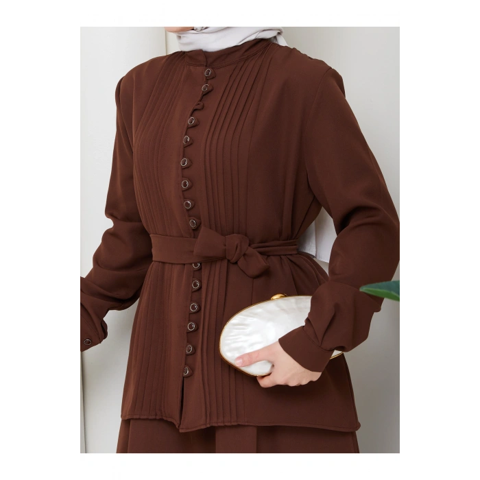 KADIN BRİT DÜĞMELİ KUŞAKLI ETEKLİ İKİLİ TAKIM TESETTÜR