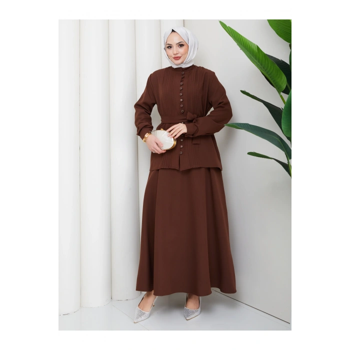 KADIN BRİT DÜĞMELİ KUŞAKLI ETEKLİ İKİLİ TAKIM TESETTÜR