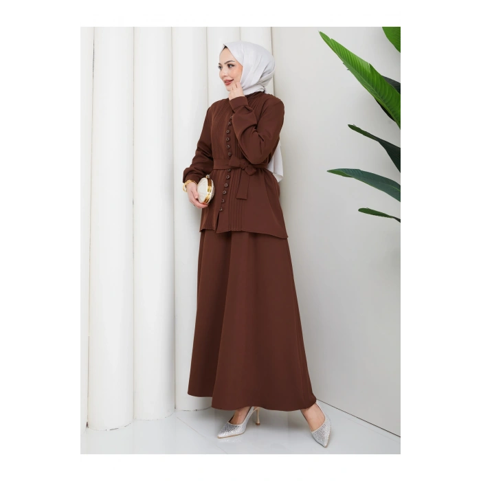 KADIN BRİT DÜĞMELİ KUŞAKLI ETEKLİ İKİLİ TAKIM TESETTÜR