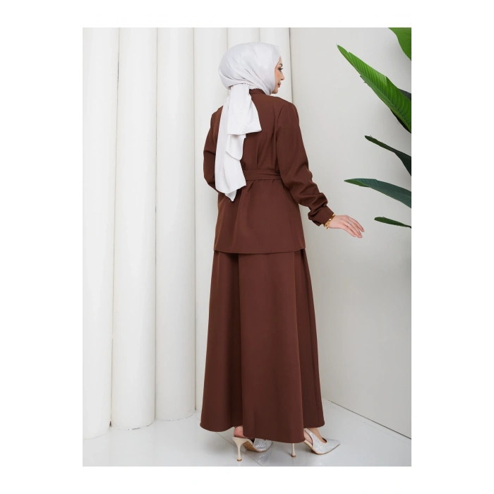 KADIN BRİT DÜĞMELİ KUŞAKLI ETEKLİ İKİLİ TAKIM TESETTÜR