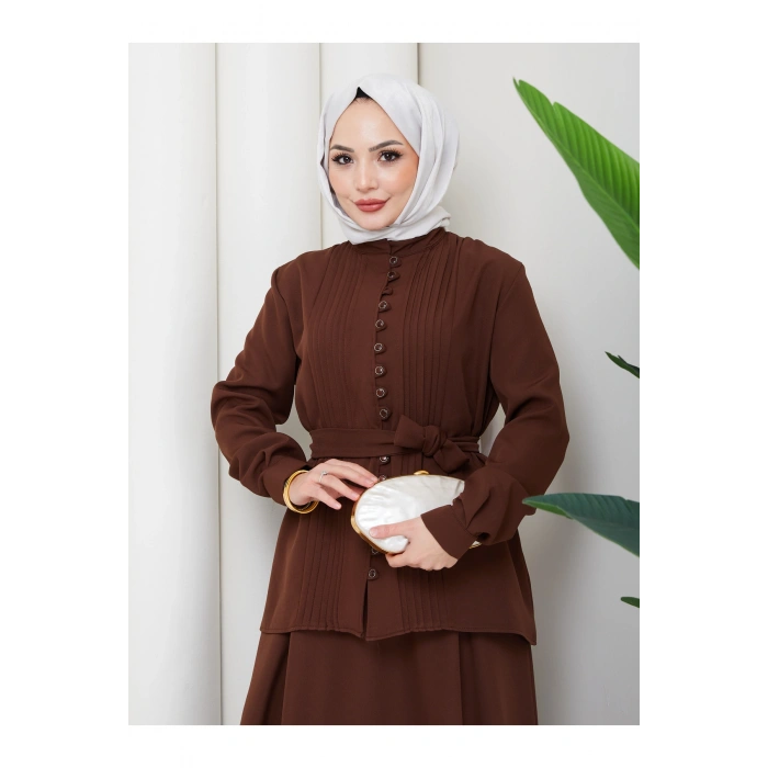 KADIN BRİT DÜĞMELİ KUŞAKLI ETEKLİ İKİLİ TAKIM TESETTÜR