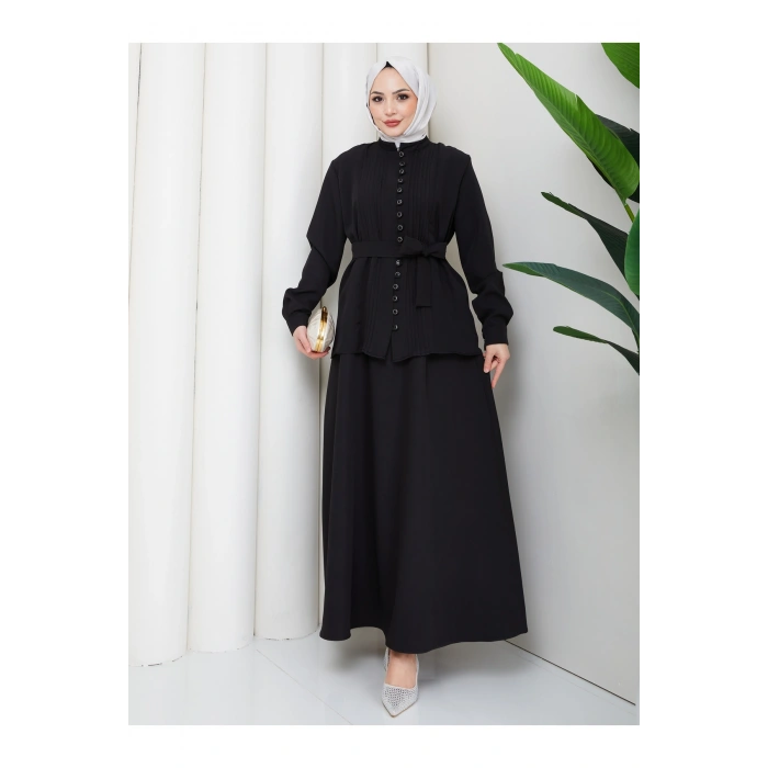KADIN BRİT DÜĞMELİ KUŞAKLI ETEKLİ İKİLİ TAKIM TESETTÜR