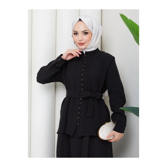 KADIN BRİT DÜĞMELİ KUŞAKLI ETEKLİ İKİLİ TAKIM TESETTÜR