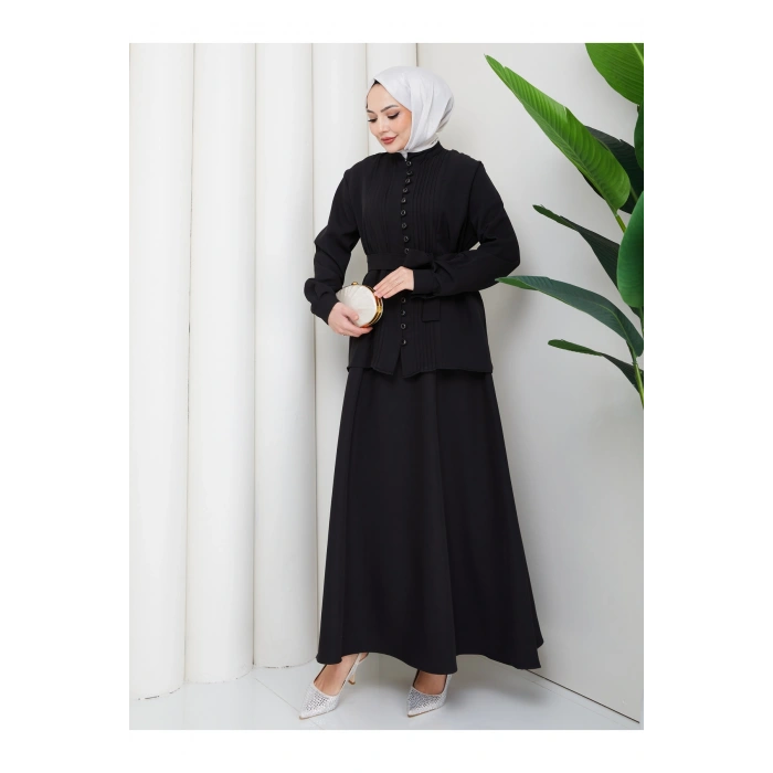 KADIN BRİT DÜĞMELİ KUŞAKLI ETEKLİ İKİLİ TAKIM TESETTÜR