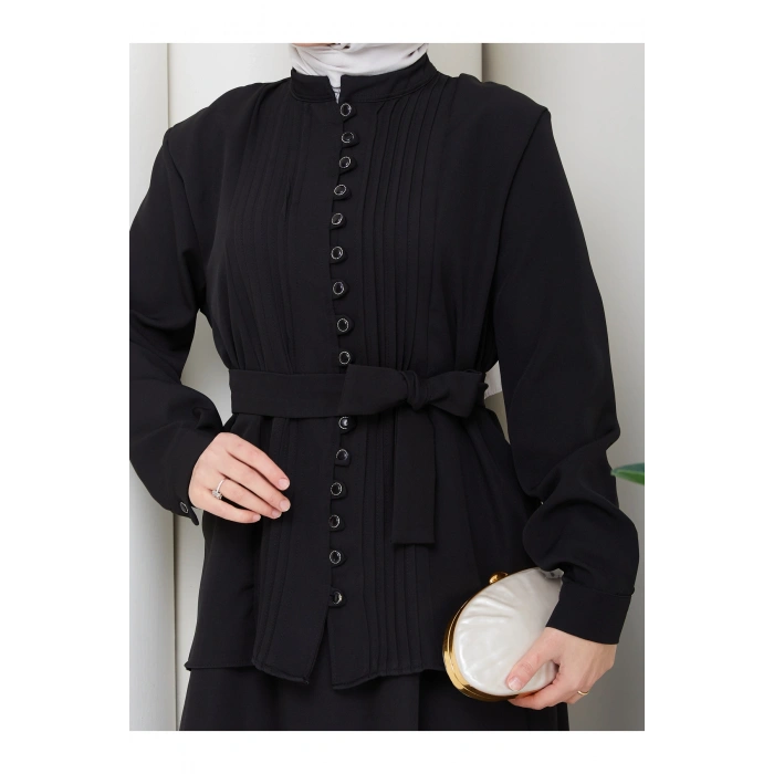 KADIN BRİT DÜĞMELİ KUŞAKLI ETEKLİ İKİLİ TAKIM TESETTÜR