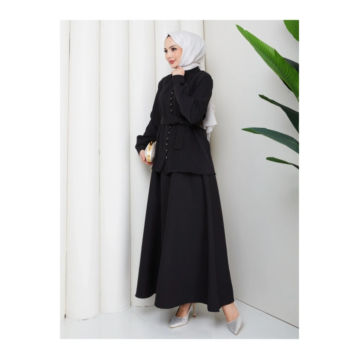 KADIN BRİT DÜĞMELİ KUŞAKLI ETEKLİ İKİLİ TAKIM TESETTÜR