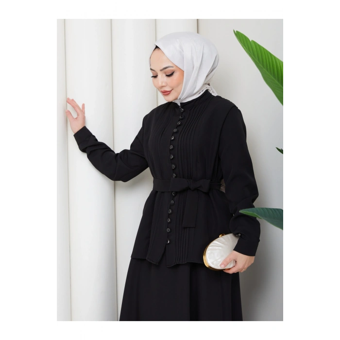 KADIN BRİT DÜĞMELİ KUŞAKLI ETEKLİ İKİLİ TAKIM TESETTÜR