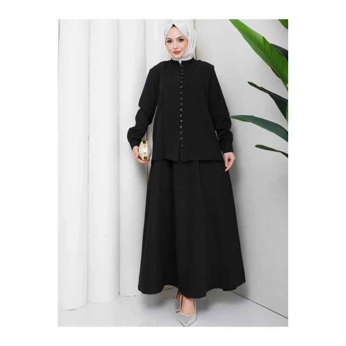 KADIN BRİT DÜĞMELİ KUŞAKLI ETEKLİ İKİLİ TAKIM TESETTÜR