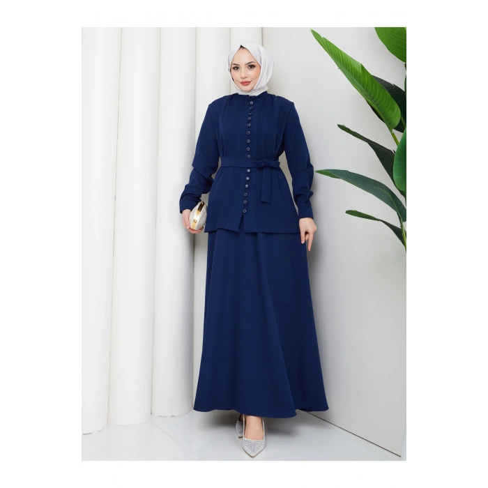 KADIN BRİT DÜĞMELİ KUŞAKLI ETEKLİ İKİLİ TAKIM TESETTÜR