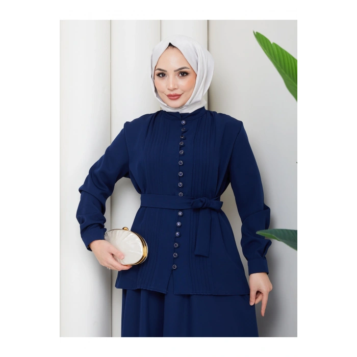 KADIN BRİT DÜĞMELİ KUŞAKLI ETEKLİ İKİLİ TAKIM TESETTÜR