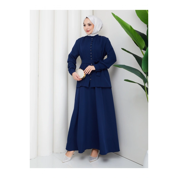 KADIN BRİT DÜĞMELİ KUŞAKLI ETEKLİ İKİLİ TAKIM TESETTÜR