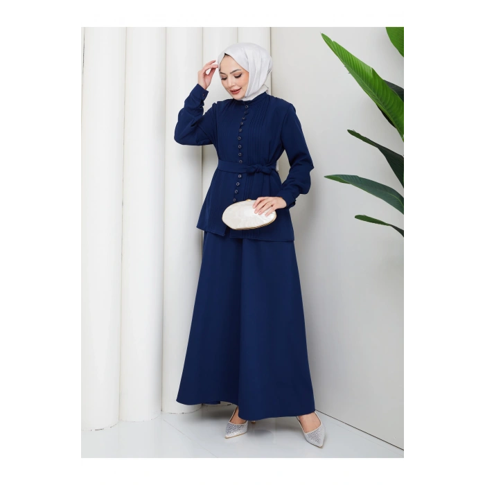 KADIN BRİT DÜĞMELİ KUŞAKLI ETEKLİ İKİLİ TAKIM TESETTÜR