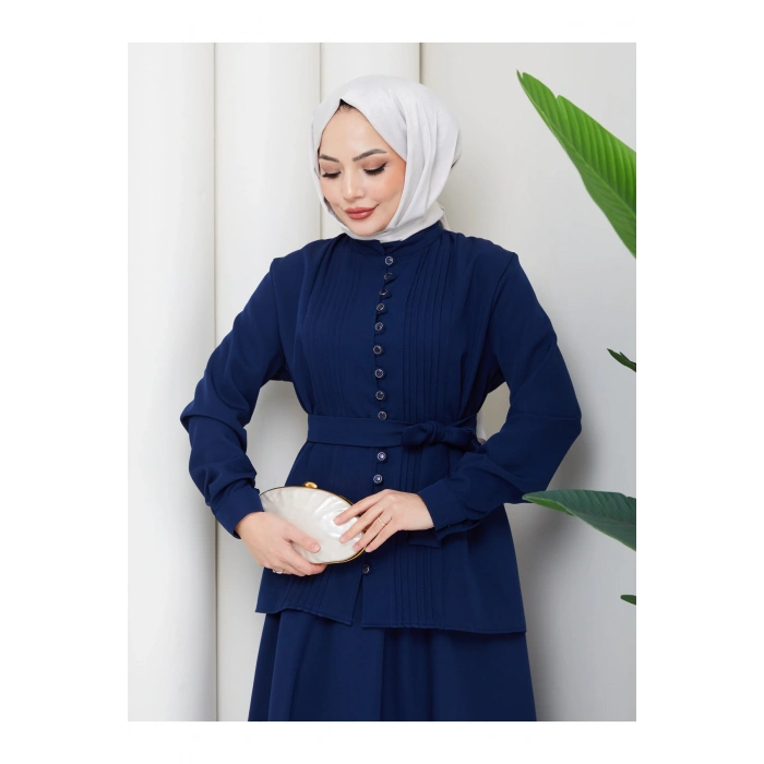 KADIN BRİT DÜĞMELİ KUŞAKLI ETEKLİ İKİLİ TAKIM TESETTÜR