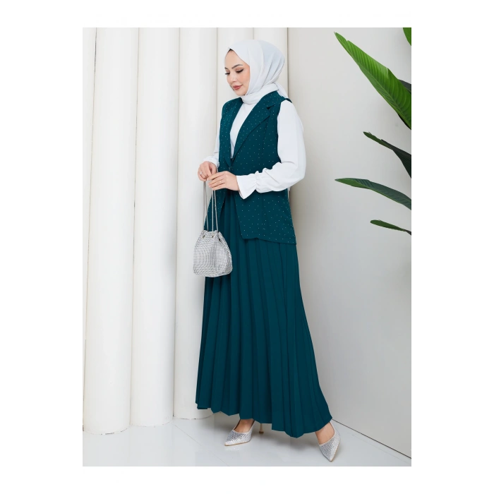 TAŞLI SİMLİ YELEKLI PİLELİ ETEKLI TASETTÜR TAKIM