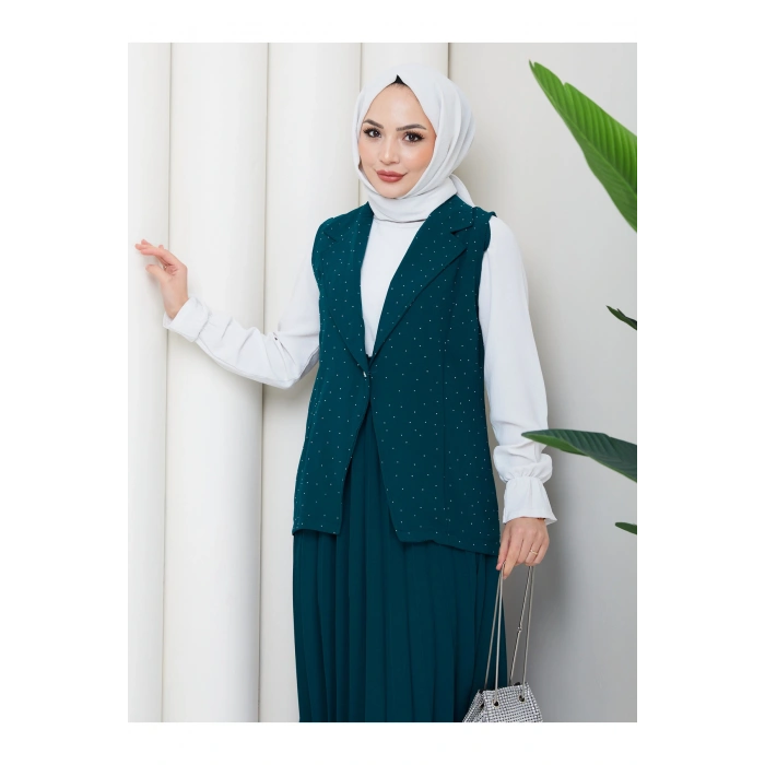 TAŞLI SİMLİ YELEKLI PİLELİ ETEKLI TASETTÜR TAKIM