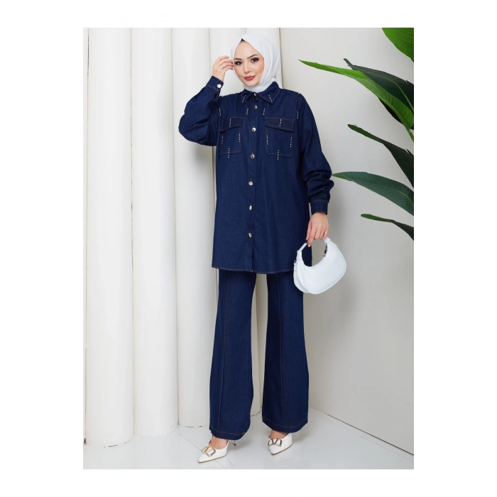 KADIN BONCUK DETAYLI PANTOLONLU KOT TAKIM