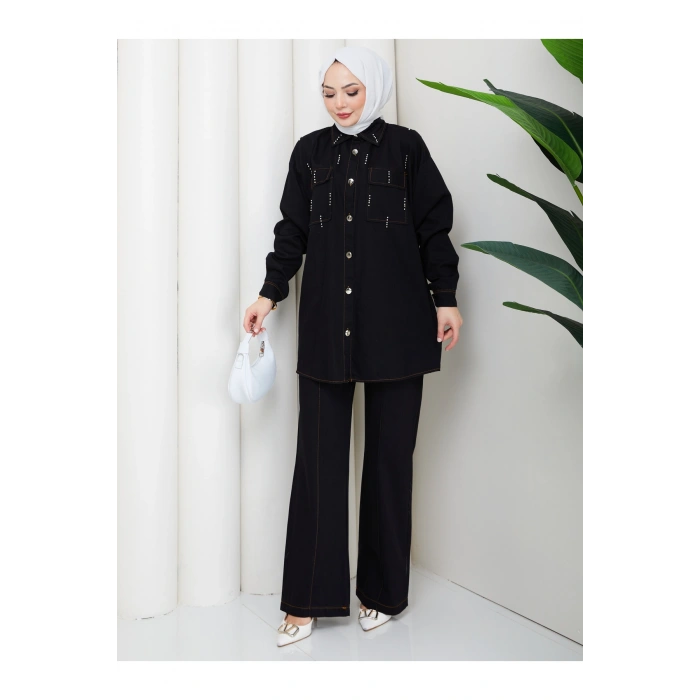 KADIN BONCUK DETAYLI PANTOLONLU KOT TAKIM