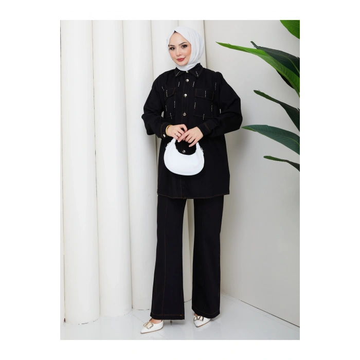 KADIN BONCUK DETAYLI PANTOLONLU KOT TAKIM