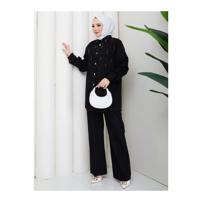 KADIN BONCUK DETAYLI PANTOLONLU KOT TAKIM