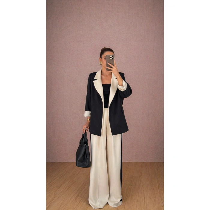 KADIN GARNİLİ BLAZER TAKIM BKREM PANTOLON PALAZZO CEKET