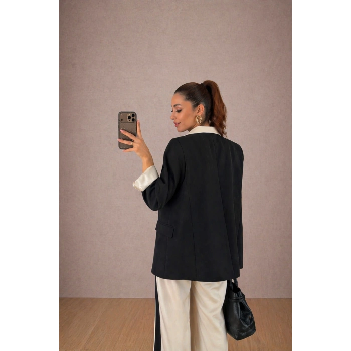 KADIN GARNİLİ BLAZER TAKIM BKREM PANTOLON PALAZZO CEKET