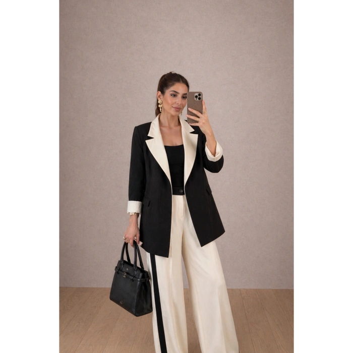 KADIN GARNİLİ BLAZER TAKIM BKREM PANTOLON PALAZZO CEKET