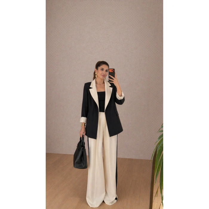 KADIN GARNİLİ BLAZER TAKIM BKREM PANTOLON PALAZZO CEKET