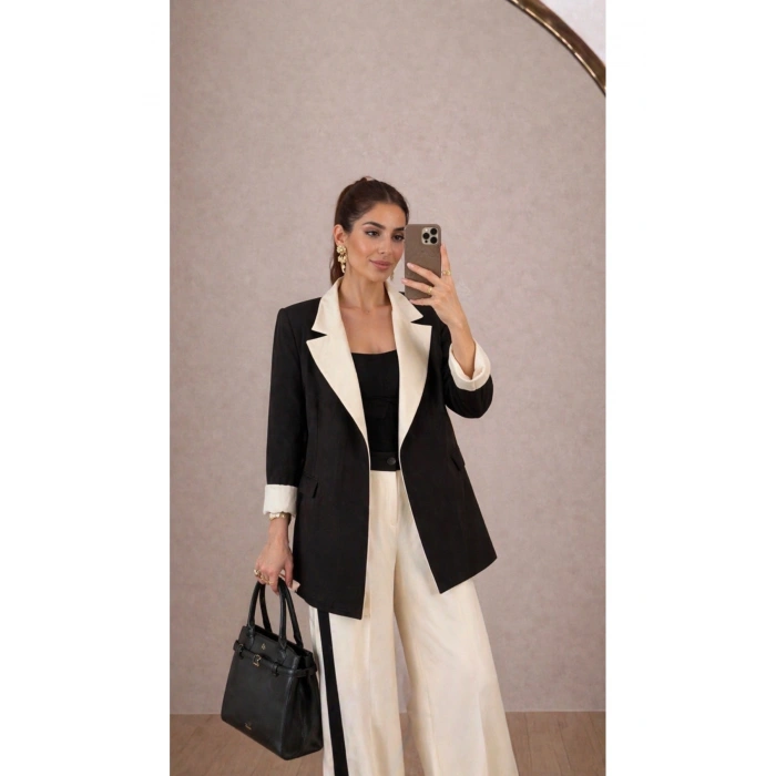 KADIN GARNİLİ BLAZER TAKIM BKREM PANTOLON PALAZZO CEKET