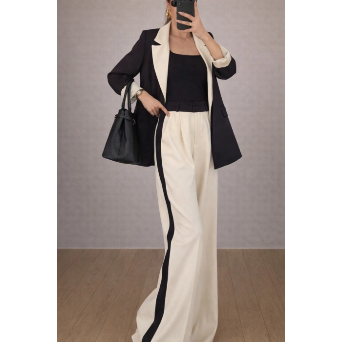 KADIN GARNİLİ BLAZER TAKIM BKREM PANTOLON PALAZZO CEKET