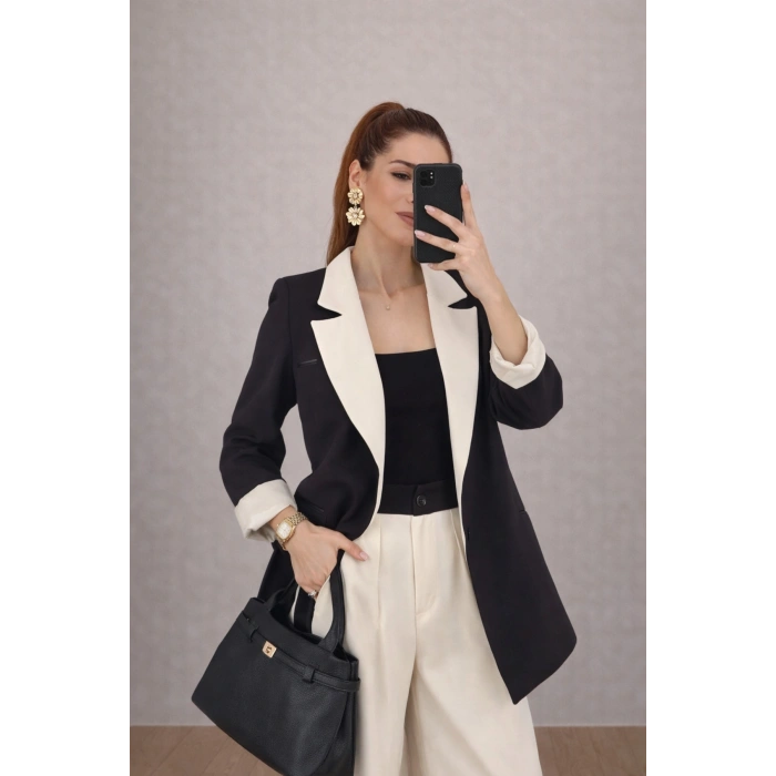 KADIN GARNİLİ BLAZER TAKIM BKREM PANTOLON PALAZZO CEKET