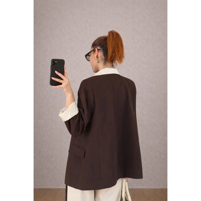 KADIN GARNİLİ BLAZER TAKIM BKREM PANTOLON PALAZZO CEKET