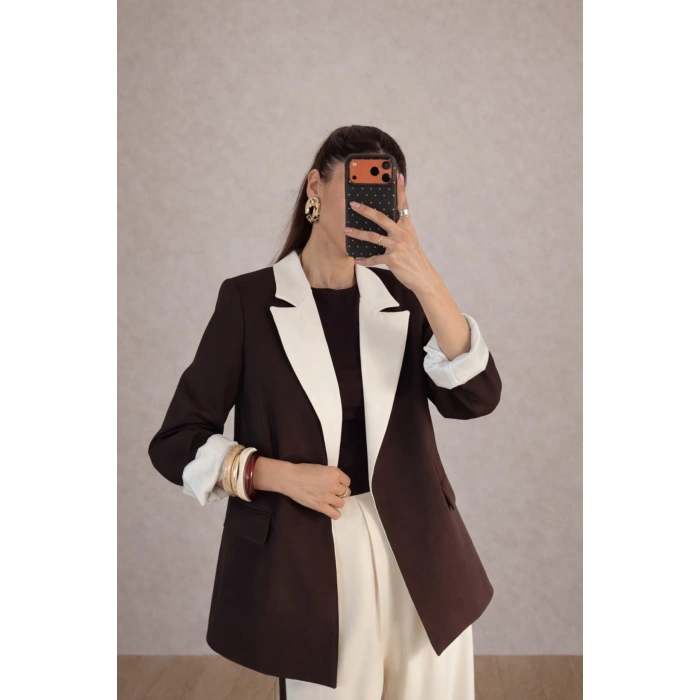 KADIN GARNİLİ BLAZER TAKIM BKREM PANTOLON PALAZZO CEKET