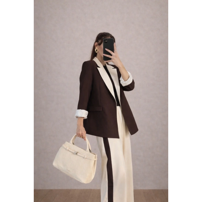 KADIN GARNİLİ BLAZER TAKIM BKREM PANTOLON PALAZZO CEKET