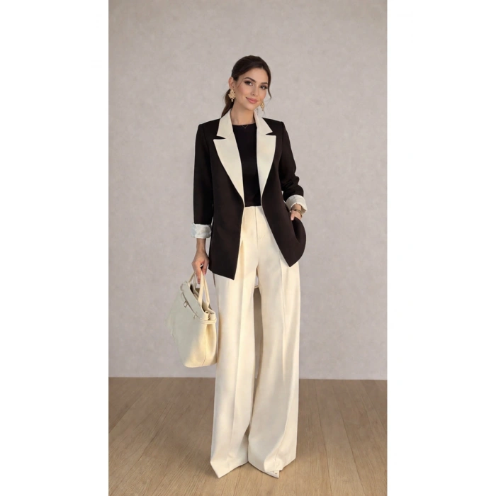 KADIN GARNİLİ BLAZER TAKIM BKREM PANTOLON PALAZZO CEKET