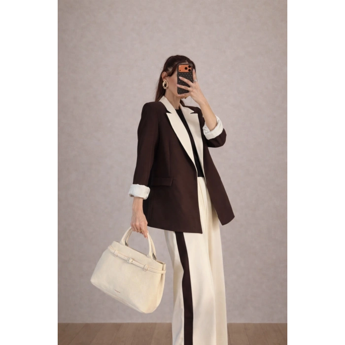 KADIN GARNİLİ BLAZER TAKIM BKREM PANTOLON PALAZZO CEKET