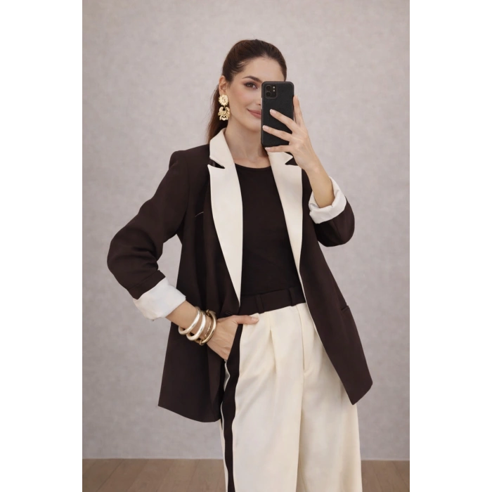 KADIN GARNİLİ BLAZER TAKIM BKREM PANTOLON PALAZZO CEKET