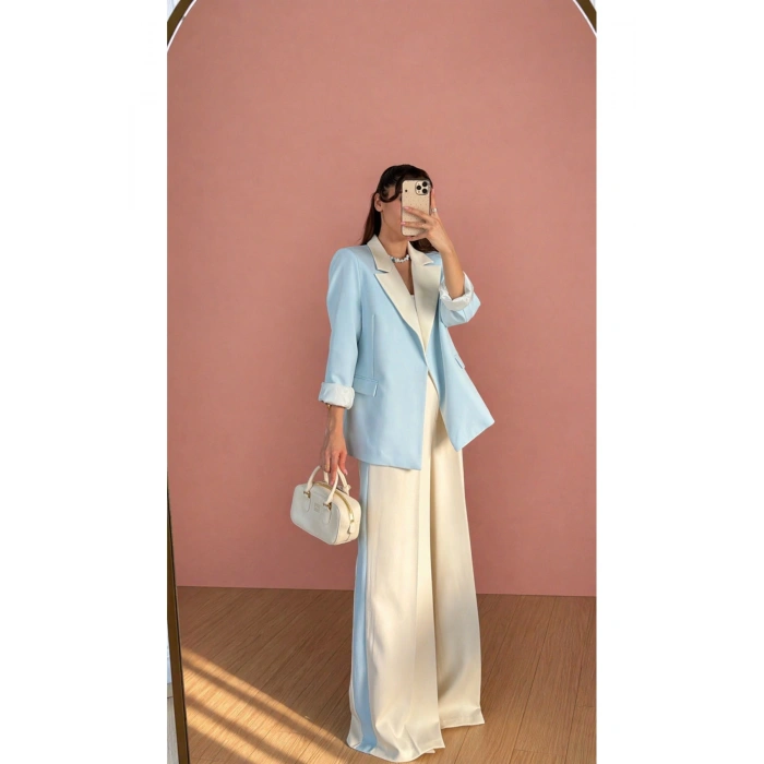 KADIN GARNİLİ BLAZER TAKIM BKREM PANTOLON PALAZZO CEKET