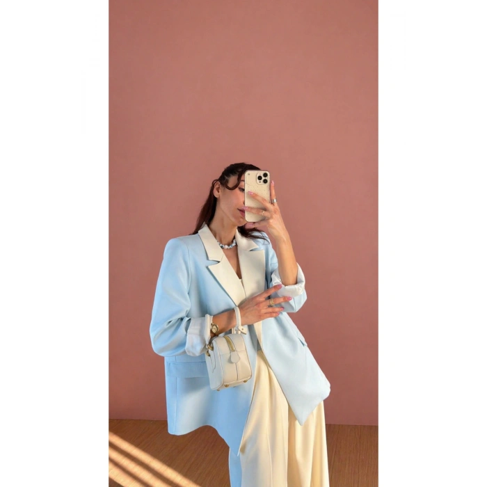 KADIN GARNİLİ BLAZER TAKIM BKREM PANTOLON PALAZZO CEKET
