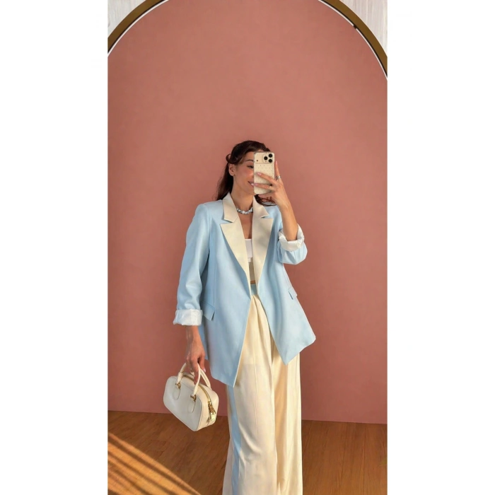 KADIN GARNİLİ BLAZER TAKIM BKREM PANTOLON PALAZZO CEKET