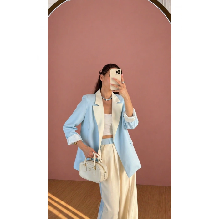 KADIN GARNİLİ BLAZER TAKIM BKREM PANTOLON PALAZZO CEKET