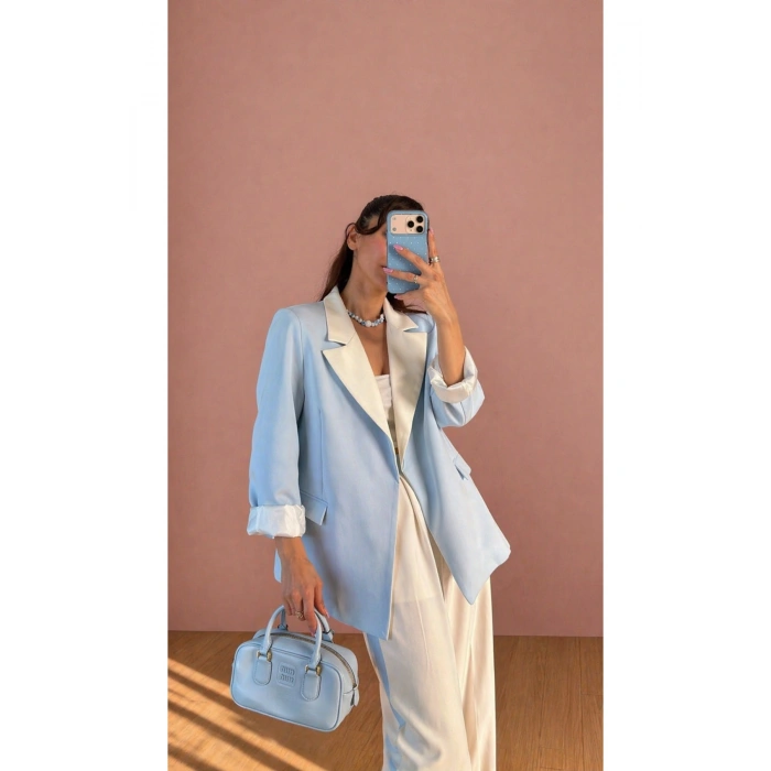 KADIN GARNİLİ BLAZER TAKIM BKREM PANTOLON PALAZZO CEKET