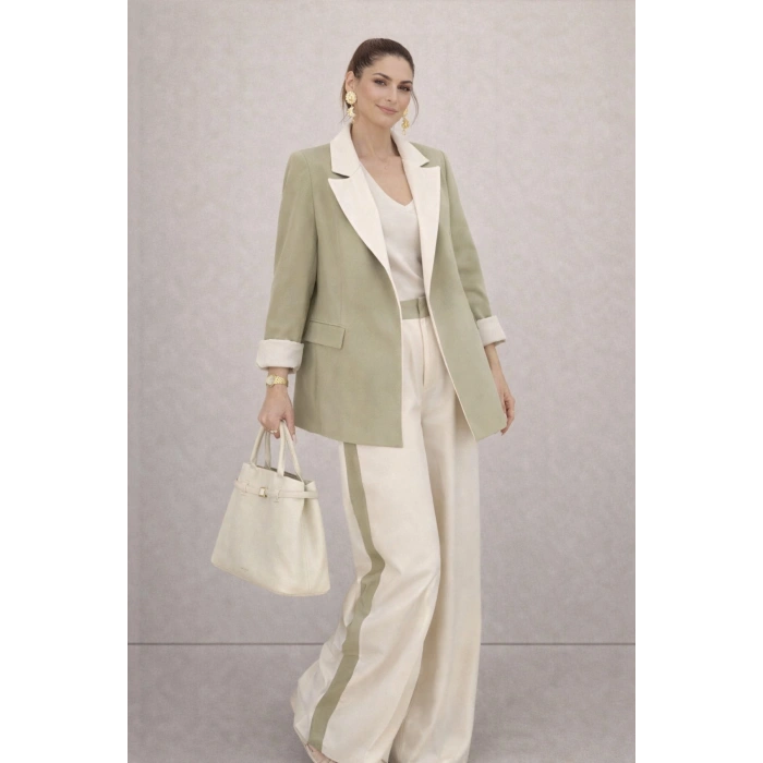 KADIN GARNİLİ BLAZER TAKIM BKREM PANTOLON PALAZZO CEKET