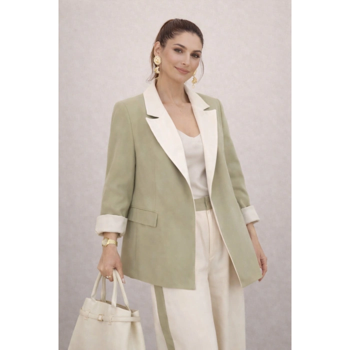KADIN GARNİLİ BLAZER TAKIM BKREM PANTOLON PALAZZO CEKET