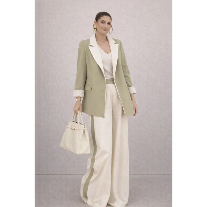 KADIN GARNİLİ BLAZER TAKIM BKREM PANTOLON PALAZZO CEKET