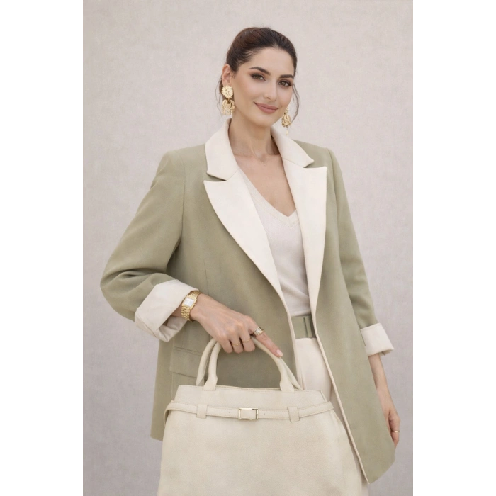KADIN GARNİLİ BLAZER TAKIM BKREM PANTOLON PALAZZO CEKET