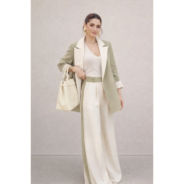 KADIN GARNİLİ BLAZER TAKIM BKREM PANTOLON PALAZZO CEKET