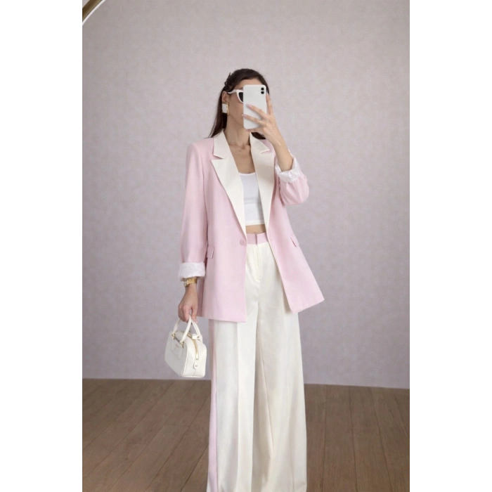 KADIN GARNİLİ BLAZER TAKIM BKREM PANTOLON PALAZZO CEKET