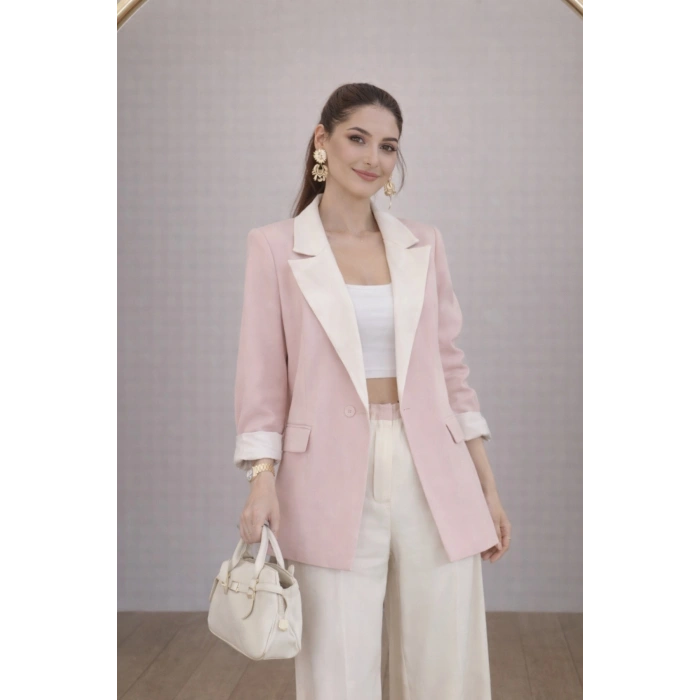 KADIN GARNİLİ BLAZER TAKIM BKREM PANTOLON PALAZZO CEKET