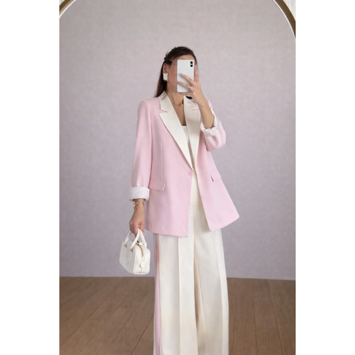KADIN GARNİLİ BLAZER TAKIM BKREM PANTOLON PALAZZO CEKET